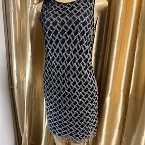 Diane Von Furstenberg Black Mini Dress with Silver Beaded Lattice